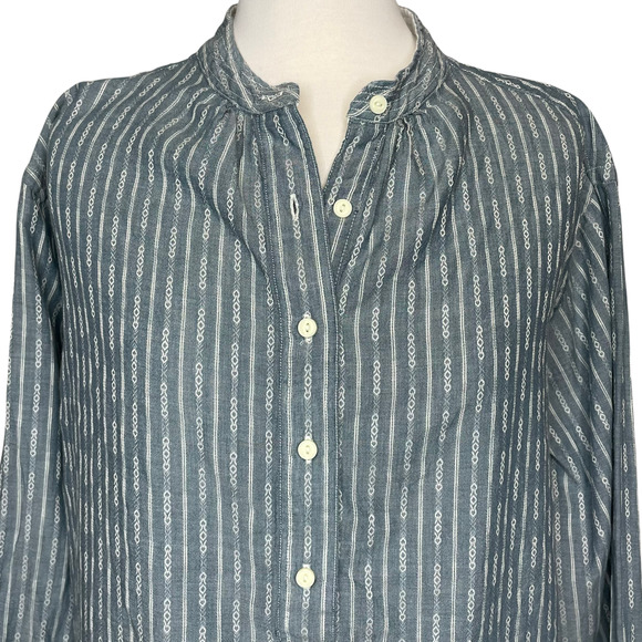 FRYE Size Large Popover Cotton Tunic Top 3/4 Sleeve Diamond Stripe Half Button - Picture 3 of 16